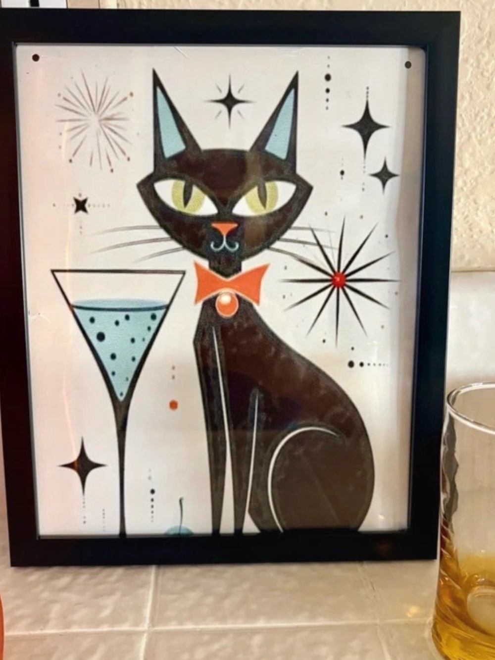 Retro Black Cat Wall Art Print with Orange Accents